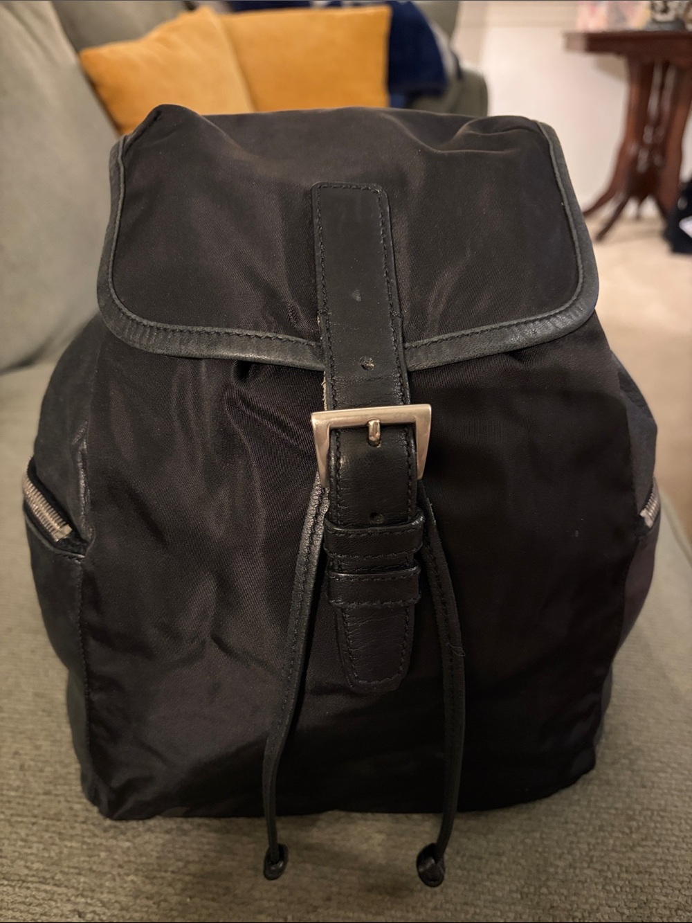 Unique Vintage Prada Tessuto Black Backpack w/Side-Zip Pockets and Silver Buckle
